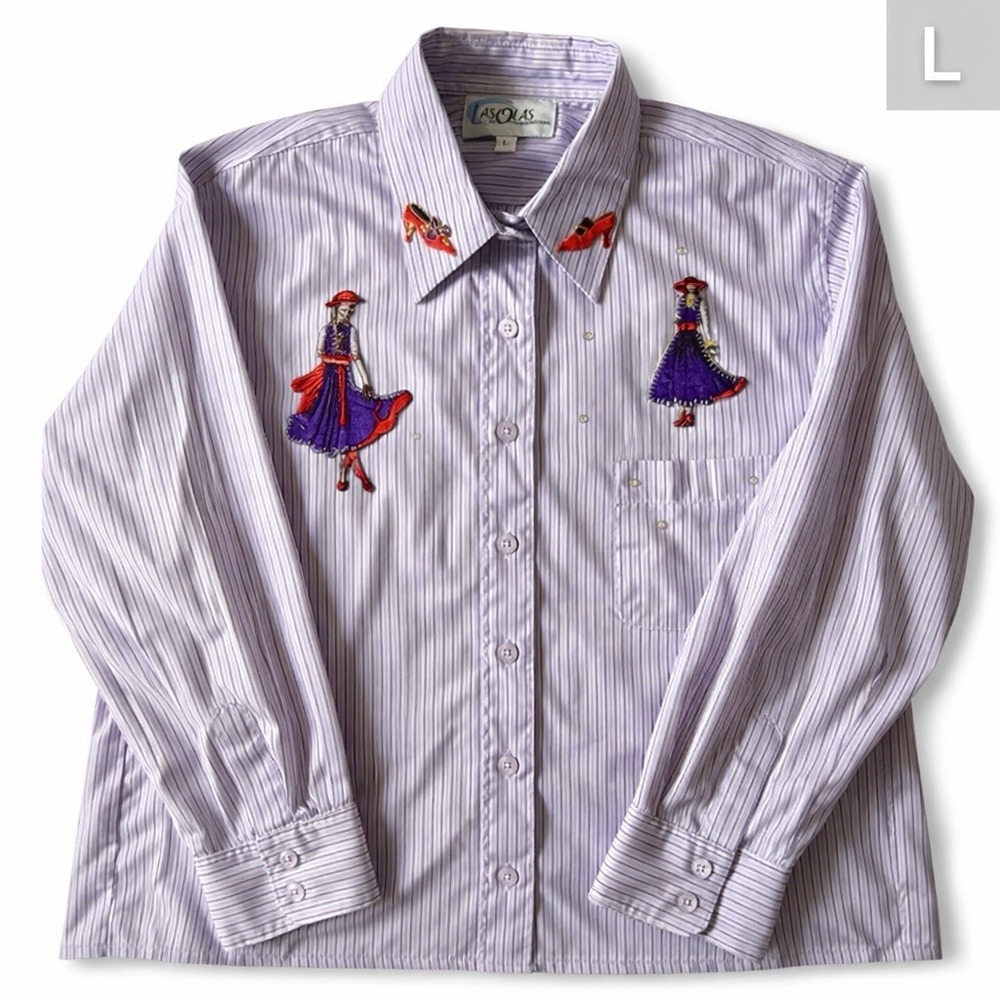 Las Olas Embroidered Shirt Women's L Red Hat‎ Society Long Sleeved Purple Stripe